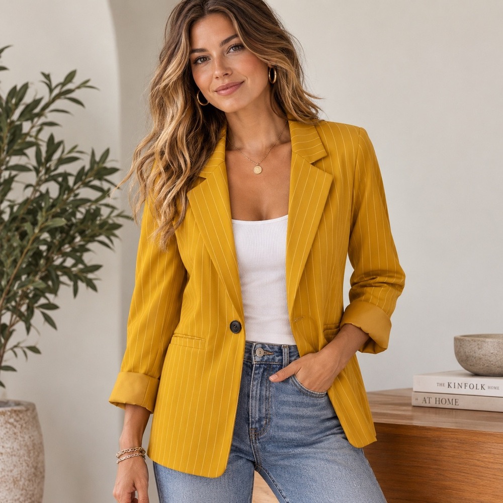 SHEIN‎ Mustard Yellow Pinstripe Blazer Jacket Women's Size M